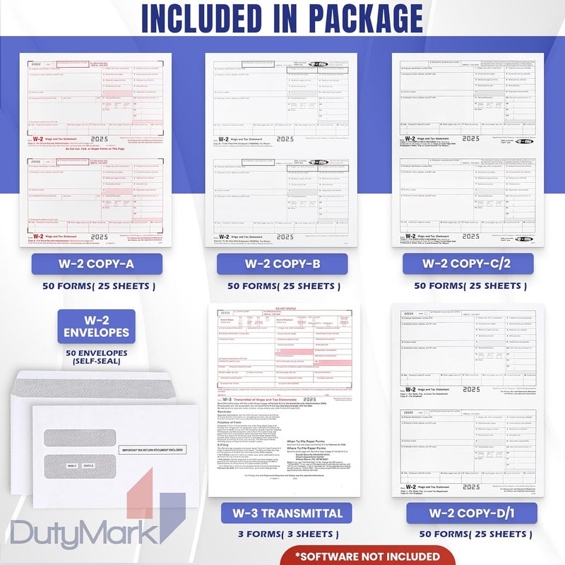 Dutymark W2 Tax Forms 4 Part 2025, 50 Employees Kit of Laser Forms with 6 W3s, and 50 Self-Seal Envelopes IRS-Compatible, Great for QuickBooks and Accounting Software, All W2 Lazer Forms in Value Pack, - Image 2